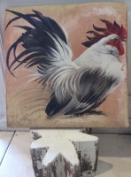 Coq peint sur terre cuite